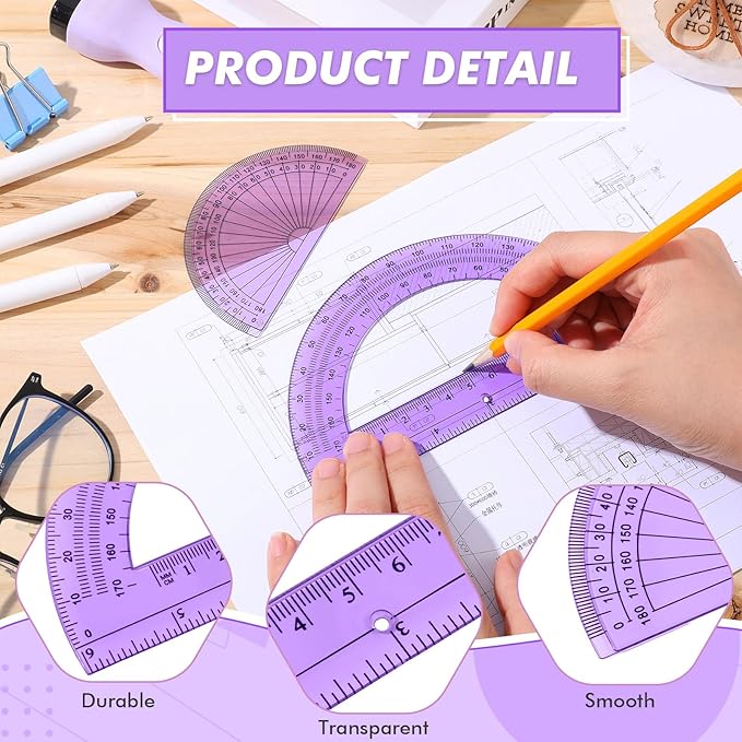 EBOOT 2 Pcs Plastic Protractor Clear 180 Degrees Transparent Protractor for Geometry, 4 Inch and 6 Inch (Purple)