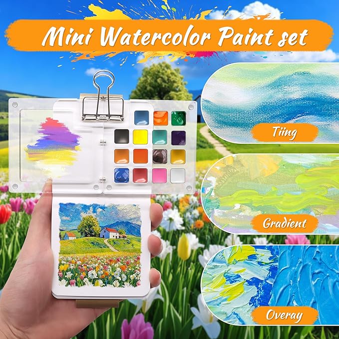 Pocket Watercolor Paint Set, 24 Vibrant Colors with 15-Well Acrylic Palette - Portable Travel Art Kit for Beginners, Artists, Outdoor Sketching & Gift