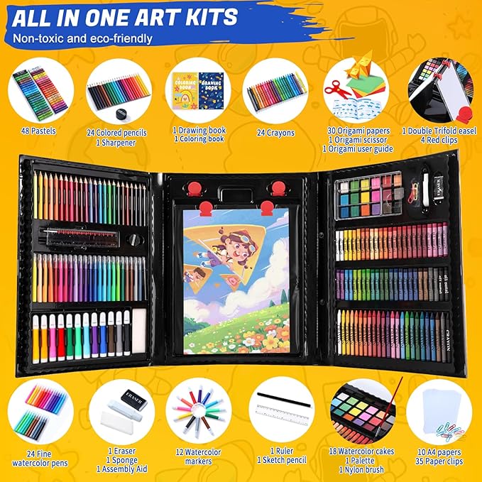 All in One Art Supplies, Art Kit Includes Origami & Paper-Cutting Crafts, Easel, Colored Pencils, Crayons, Drawing Book, Coloring Book, Watercolor Markers and More, Art Set for Kids Girls Boys, Black