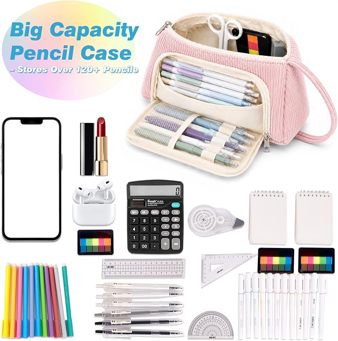 Big Capacity Pencil case,Soft Corduroy Pencil Bag with 3 Compartment Pouch Bag for School Supplies Office for Teen Girls Boys Women Man (PinkN)