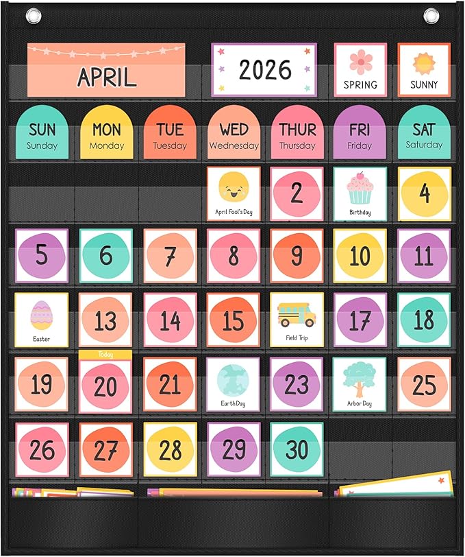 Classroom Calendar Pocket Chart with 96 Laminated Cards, 46 Clear Pockets & 3 Storage Pockets, Ideal for Preschool Homeschool Learning