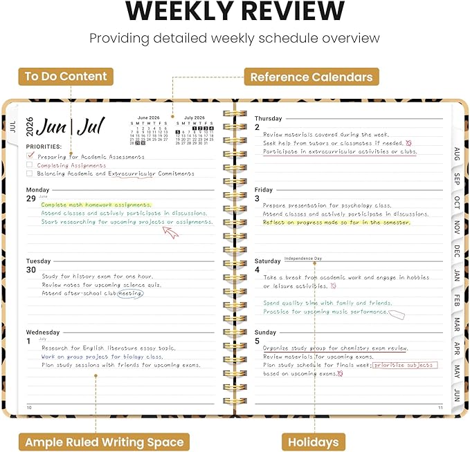 Planner 2026-2027, Monthly and Weekly Academic Planner July 2026 - June 2027, Hardcover Student Teacher Planning Agenda Calendar Book with Tabs, Perfect for Office School Supplies, A5 (6.3" x 8.5") - Leopard