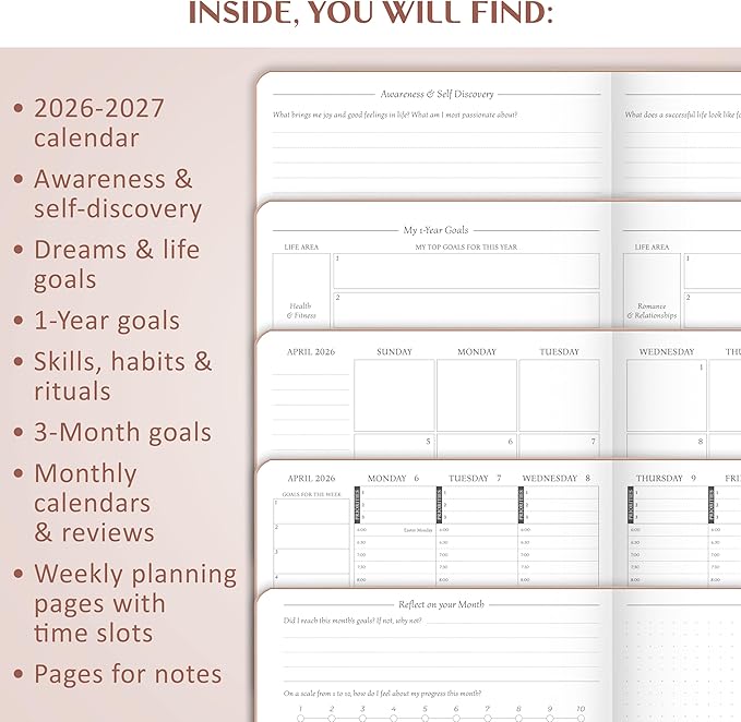 Legend Dated Hourly Weekly Planner 2026 – Daily, Monthly & Yearly Agenda with Time Slots – Hardcover Organizer Journal, 5.8x8.3” (Rose Gold)