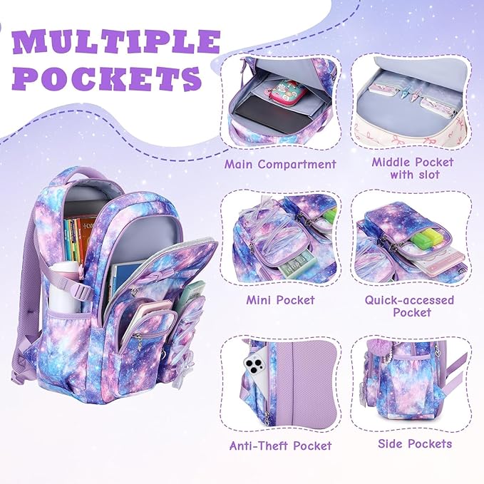 MOONBABY Kids Backpack for Girls, Fits 15.6 Inch Laptop Large Capacity School Bookbag, Girls Backpack with Lovely Pendant, Back to School Bag for Elementary Primary Students Teen Ages 6-12, Purple