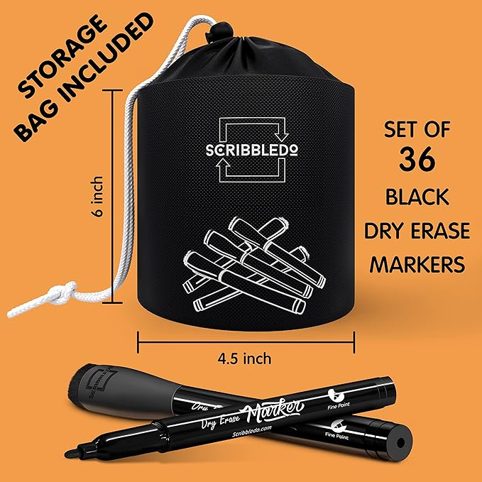 Scribbledo 36-Pack Black Fine Tip Dry Erase Markers with Eraser Cap | Low-Odor Whiteboard Markers for Office, Workplace & Professional Use