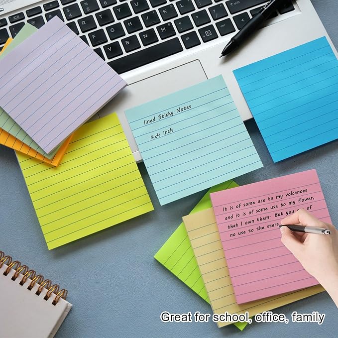 HQCME 9 Pads Lined Sticky Notes 4x4 in Post, 9 Multi Colors Super Sticking Power Memo Pads, Strong Adhesive, 4x4 Sticky Notes Large Eeay for Office, School, Home Use