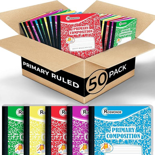Rosmonde 50 Pack Bulk Composition Notebook, K-2 Primary Ruled, 200 Pages (100 Sheets), 9-3/4 x 7-1/2, Primary Composition Notebook Bulk With Header For Drawing, Grades K-2, Bulk School Supplies