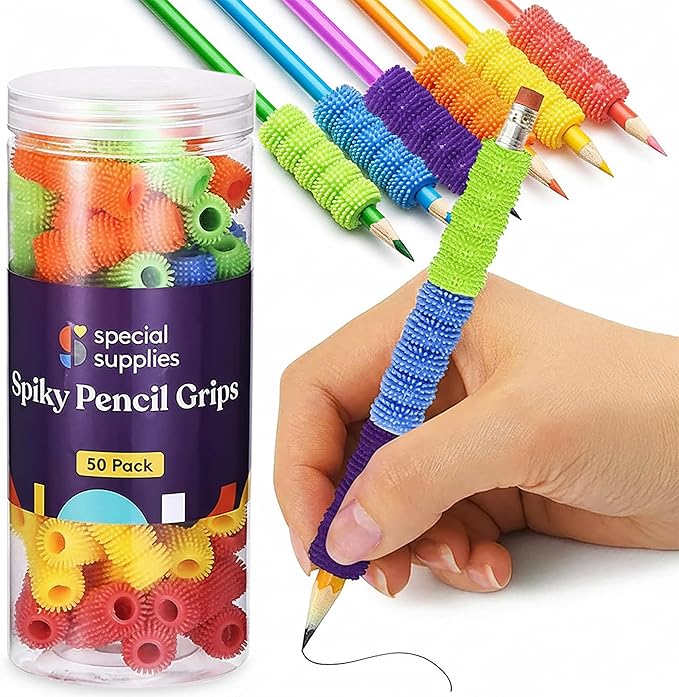 Special Supplies Spiky Pencil Grips for Kids and Adults Colorful Holders for Handwriting, Drawing, Coloring - Ergonomic Right or Left-Handed Use - Reusable (50-Pack)
