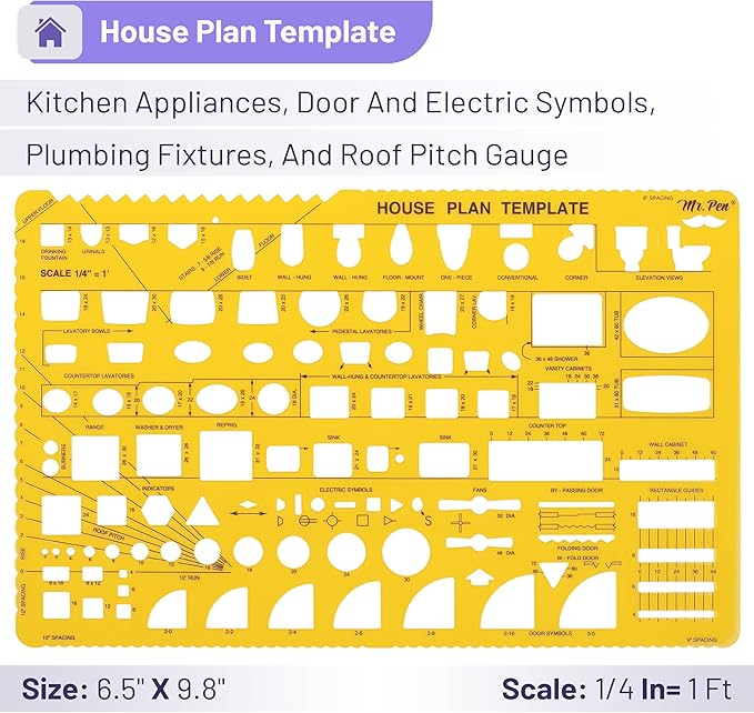 Mr. Pen- House Plan, 3 pcs, Interior Design and Furniture Templates, Clear Flexible Plastic, Drafting Tools, Ruler Shapes for Architecture, 1/4 Inch Scale, Kitchen, Bath, Bedroom, Office, Living Room