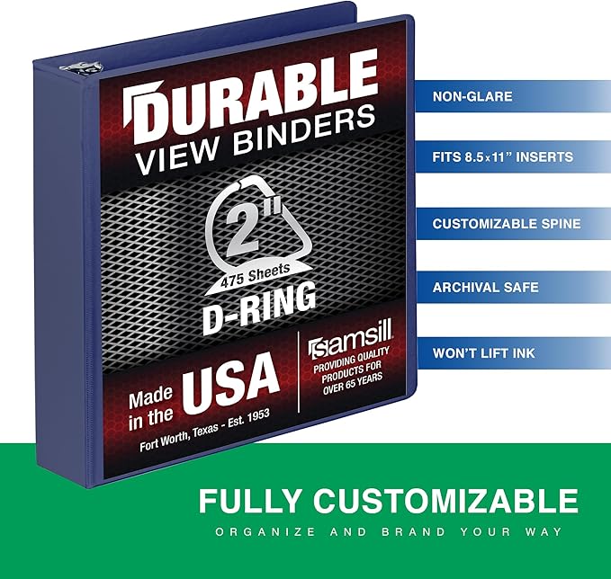 Samsill Durable 2 Inch Binder, D Ring Binder, Customizable Clear View Cover, Midnight Blue, Holds 475 Pages