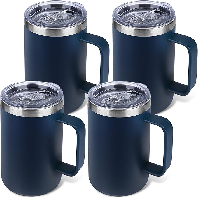 22oz Insulated Coffee Mug with Handle & Leak-Proof Lid - Double Wall Stainless Steel Travel Tumbler Bulk for Commute/Office/Home, Navy Blue, 4 Pack
