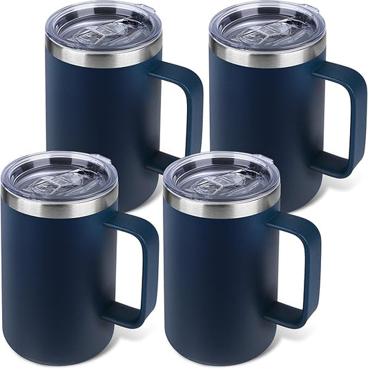 22oz Insulated Coffee Mug with Handle & Leak-Proof Lid - Double Wall Stainless Steel Travel Tumbler Bulk for Commute/Office/Home, Navy Blue, 4 Pack