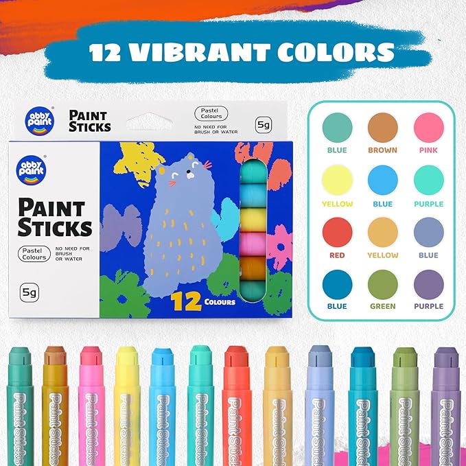 12 Pastel Colors Tempera Paint Sticks - Washable & Quick-Drying Art Supplies for Kids, Non-Toxic Mess-Free Crafting on Paper, Wood & Glass