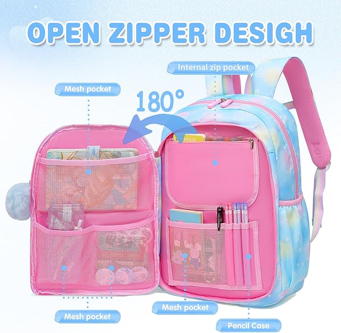Alrisg Girls Backpack for Kids Elementary Middle School Cute Student Bookbag School Bag Blue