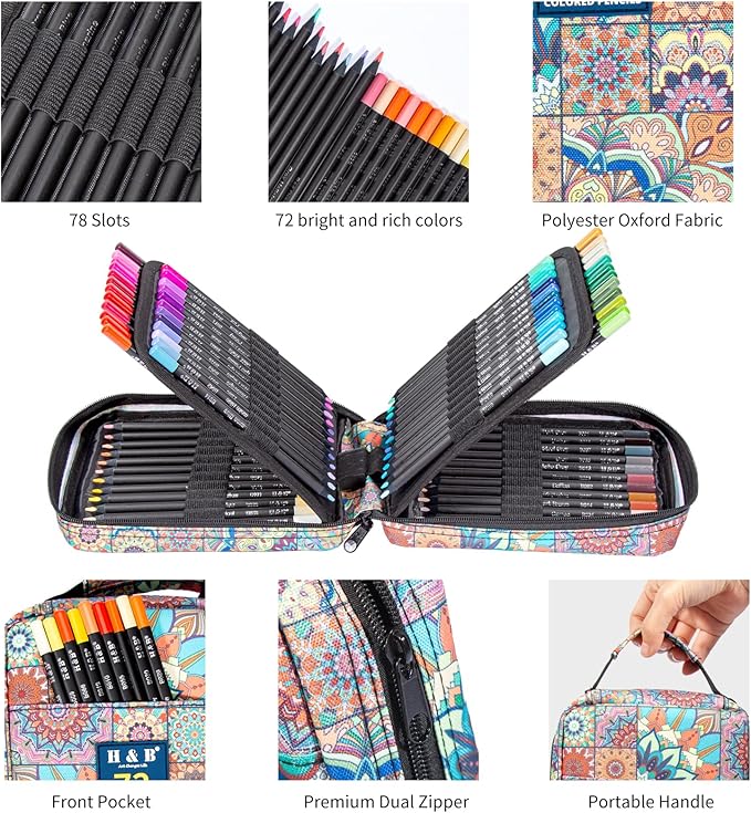H & B 72 Colored Pencils Set with Coloring Book, Eraser, and Sharpener - Perfect for Drawing and Coloring - Soft Oil-Based Cores - Ideal Drawing Gift