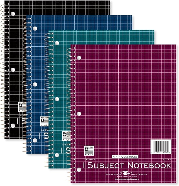 ROARING SPRING 1 Subject Spiral Notebook, Graph Rule, 100 Sheets, 4 Pack