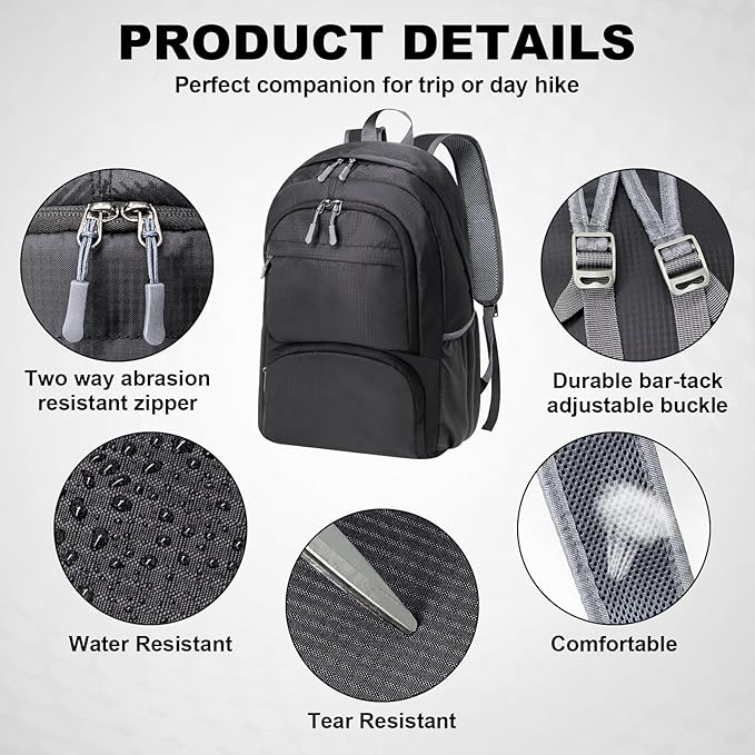 HOLYLUCK 20L Lightweight Packable Hiking Daypack Foldable Backpack for Men Women Small Travel Outdoor Foldable Shoulder Bag-black