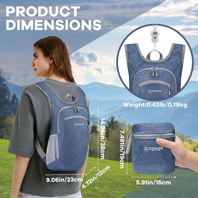 ZOMAKE Lightweight Packable Backpack, 10L Small Foldable Daypack for Hiking | Water Resistant Collapsible Backpacks for Women Men, Everyday Carry, Multi Compartment Storage, Adjustable Strap(Navy Blue)