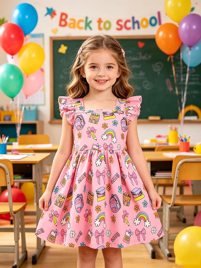 Popshion Girls Dresses Flutter Sleeve Swing Sundress Toddler Summer Clothes Kid Birthday Party Sleeveless Dress 1-8 Years Old