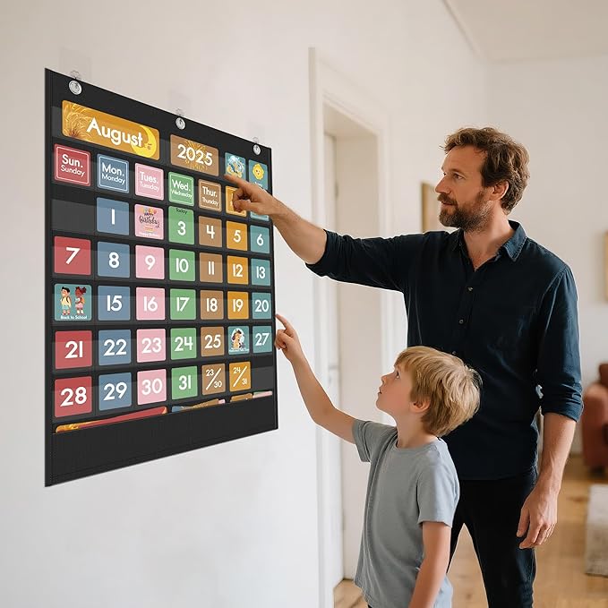 Yoink 49 Pockets Classroom Calendar Pocket Chart with 77 Cards, Daily Monthly Learning Calendar for Circle Time Weather Seasons, Preschool Kindergarten Homeschool Must Have, Teacher Supplies (Black)