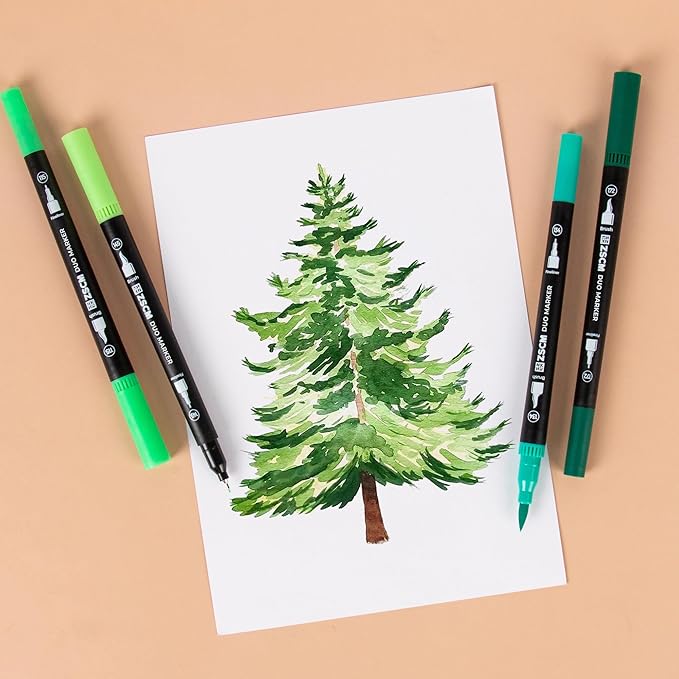 ZSCM Green Duo Tip Marker Pens, 12 Pack Fine & Brush Markers for Adult Coloring Books No Bleeding, Nature Green Markers for Foliage, Landscape Drawings, Botanical Illustrations and Eco Designs