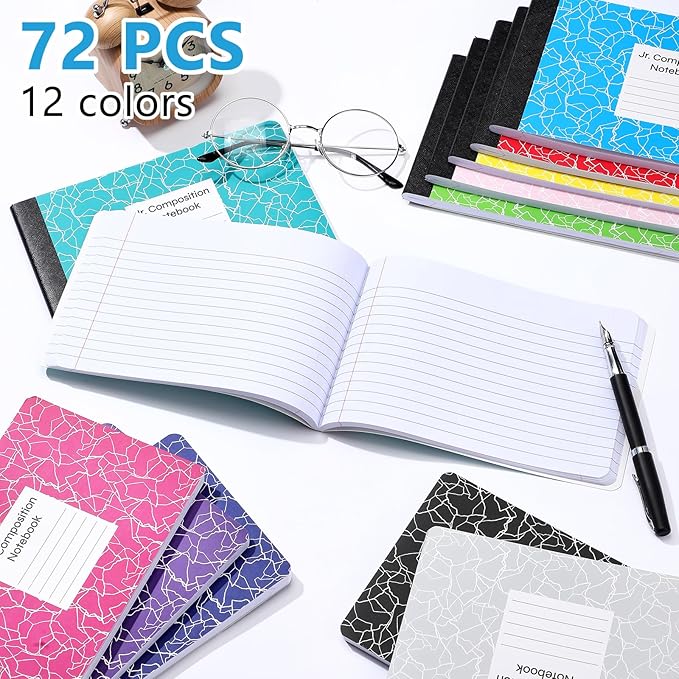 Resurhang 72 Pcs Jr. Composition Notebooks Colored Marble Half Size 4-7/8 x 7-1/2 Inches Composition Notebook 80 Sheet Marble Wide Ruled Assorted Primary Cover Notepad Bulk (Multicolor)
