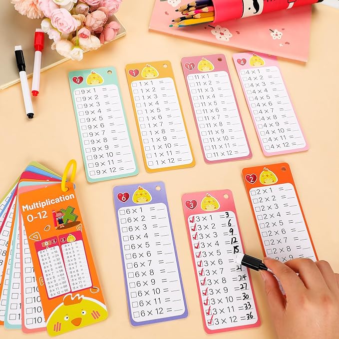 12Set 15Pcs Multiplication Flash Cards, Multiplication Chart 0-12 with 2 Dry Erase Pens 1 Rings, Time Table Flash Cards for 1st to 3rd Grades Fun Learning with Math Game
