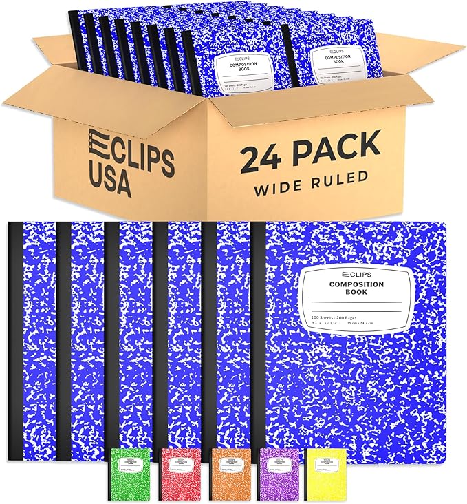 Composition Notebook Wide Ruled Composition Notebooks Bulk Blue Marble Hard Cover Wide Ruled Notebook Paper Note Books For Schools Marble Composition Books 100 Sheets 200 Pages 9.75” x 7.25” (24 Pack Blue)