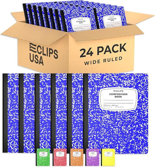 Composition Notebook Wide Ruled Composition Notebooks Bulk Blue Marble Hard Cover Wide Ruled Notebook Paper Note Books For Schools Marble Composition Books 100 Sheets 200 Pages 9.75” x 7.25” (24 Pack Blue)