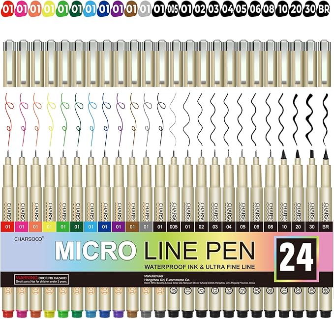 24 Pack Micro Pens, 12 Colors & 12 Black in 0.23mm - 5mm, Waterproof Archival Ink, Fine Point Pen for Artist Illustration, Sketching, Anime, Manga and Technical Drawing