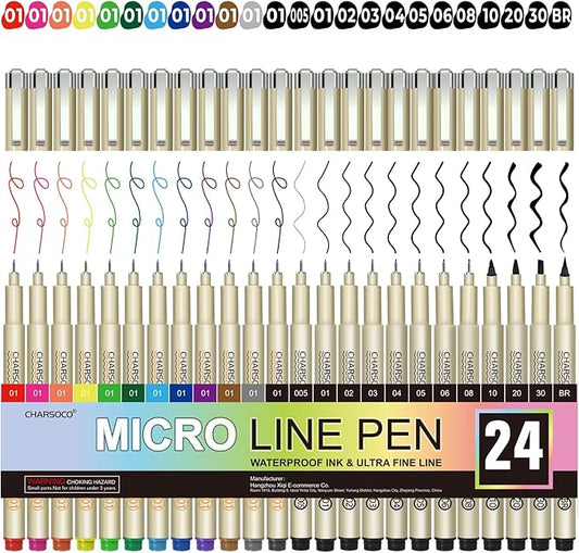 24 Pack Micro Pens, 12 Colors & 12 Black in 0.23mm - 5mm, Waterproof Archival Ink, Fine Point Pen for Artist Illustration, Sketching, Anime, Manga and Technical Drawing