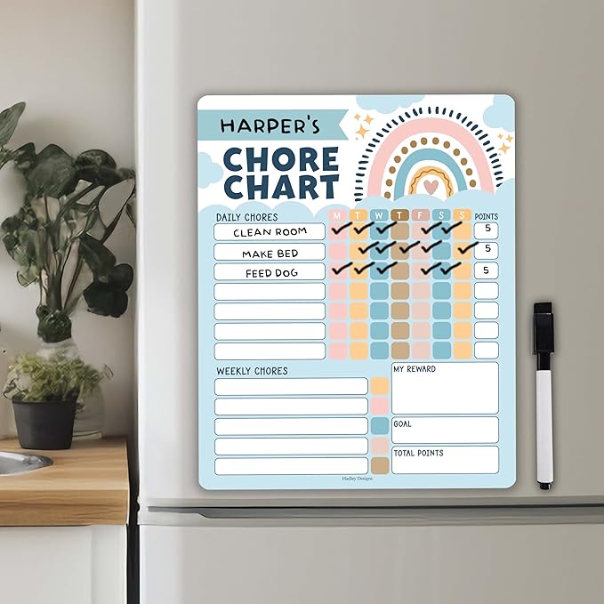 Hadley Designs Magnetic Chore Chart for Kids – Reward Chart for Kids, Dry Erase Responsibility Board for Children at Home, Fridge Behavior Tracker for Daily & Weekly Tasks, Boho Toddler Chore Board