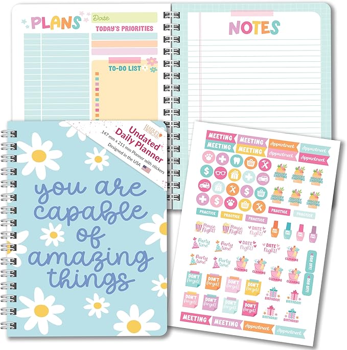Hadley Designs Daily Planner Undated - Undated Daily Planner with Hourly Schedule, To Do List Notebook for Work, Day Planners for Kids & Adults, Teacher Supplies, Teacher Graduation Gifts