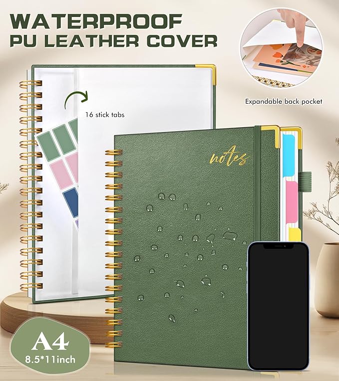 Hardcover Spiral Notebook Journal 8.5" x 11" Leather 5 Subject Notebook with Removable Dividers Tabs, 300 Pages Organizer Notebooks for Work School, College Ruled, Large Lined Journal for Women,Sage