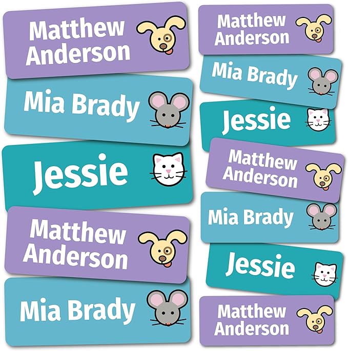 Kids Personalized Name Labels for School, Camp, Daycare (128 Labels) Custom Peel and Stick Waterproof Name Tags Stickers for Water Bottles, Lunch Boxes, Clothing, School Supplies (Pets)