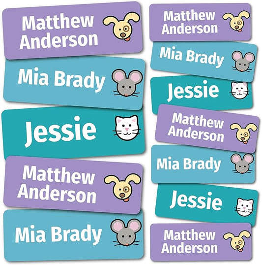 Kids Personalized Name Labels for School, Camp, Daycare (128 Labels) Custom Peel and Stick Waterproof Name Tags Stickers for Water Bottles, Lunch Boxes, Clothing, School Supplies (Pets)