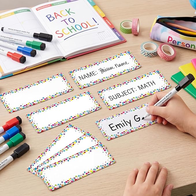 Eaasty 48 Pcs Dry Erase Magnetic Label Back to School Magnetic Name Labels Colored Black White Composition Dots Reusable Name Tag for Whiteboard Office Home(Not Include Pen)(Colored Debris)