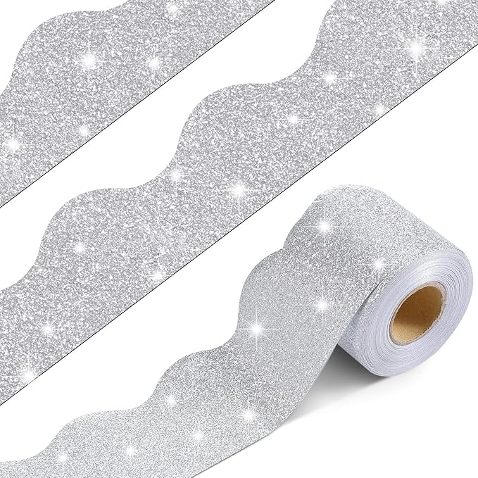 Fuyoooo 49 ft Glitter Magnetic Borders for Classroom, Silver Bulletin Board Borders Magnetic Whiteboard Classroom Strips Reusable Rolled Wall Trim for School Teacher Offices Chalkboard