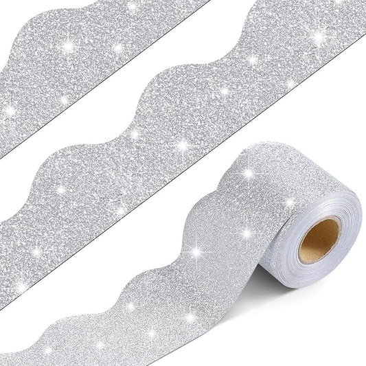 Fuyoooo 49 ft Glitter Magnetic Borders for Classroom, Silver Bulletin Board Borders Magnetic Whiteboard Classroom Strips Reusable Rolled Wall Trim for School Teacher Offices Chalkboard