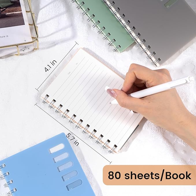 Yoment 4 Pack Small Spiral Notebooks, A6 4.1"x 5.7" Notebook Hardcover Pocket Notepad, 160 Pages College Ruled Spiral Bound Small Notebooks for Note Taking, Journaling, Study, 4PCS Index Tabs