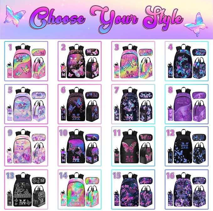 M YESCUSTOM Custom Girls Backpack Lunch Bag Set with Name, Pink Black Butterfly Personalized Kids Backpack for Girls School Travel Kindergarten Bookbag with Water Bottle Pencil Pouch