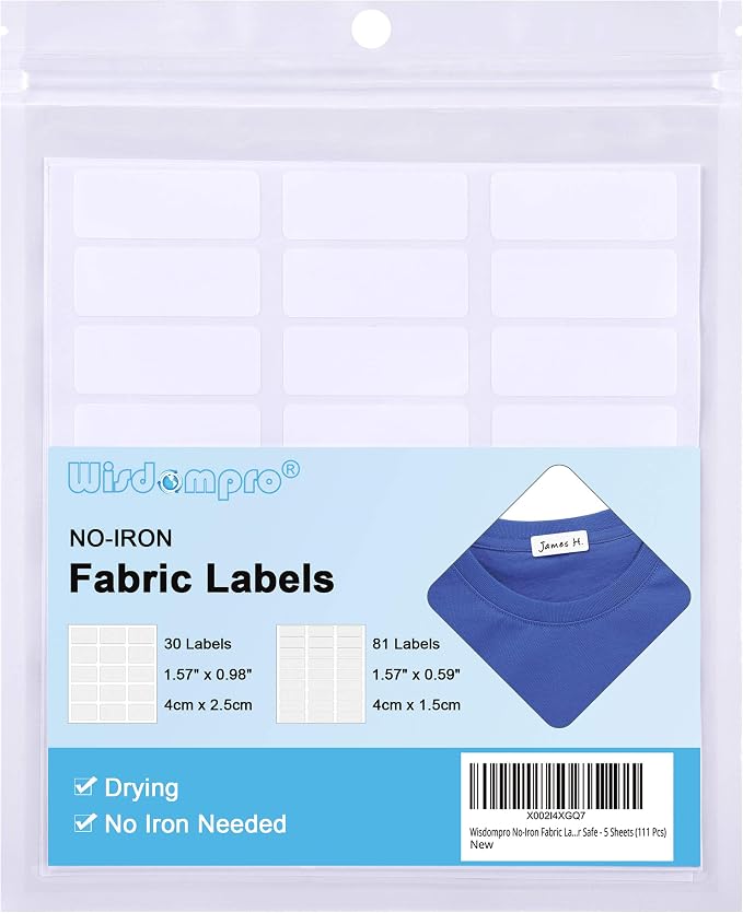 Wisdompro 111 Pcs No Iron Fabric Labels, Write-On Clothing Label Stickers | Self-Stick, White Clothes Name Tags, for Nursing Home, Daycare, Camp, School, No Sewing or Ironing Needed