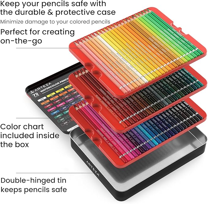 ARTEZA Watercolor Pencils, Set of 72, Water-Soluble Colored Pencils with 4 mm Break-Resistant Core, Pre-Sharpened Tips and Metal Tin for Drawing, Shading, Blending, and Wet or Dry Techniques