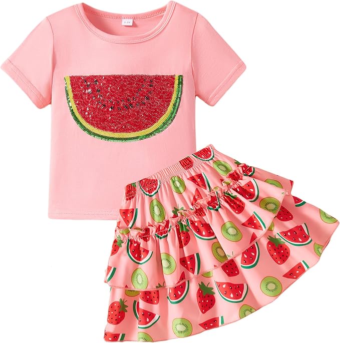 Little Girls Skirt Set - 2 Piece Short Sleeve Top Shirred Tiered Skirt Outfit Girls Spring Summer Clothes 3-8 Years