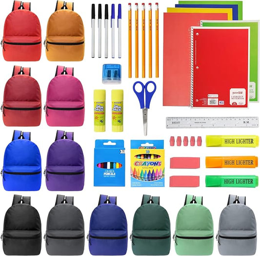Moda West 17 Inch Bulk Backpacks with 52 Piece School Supplies Kits - Pens, Pencils, Crayons - Case of 12 Wholesale Backpacks in 12 Assorted Colors