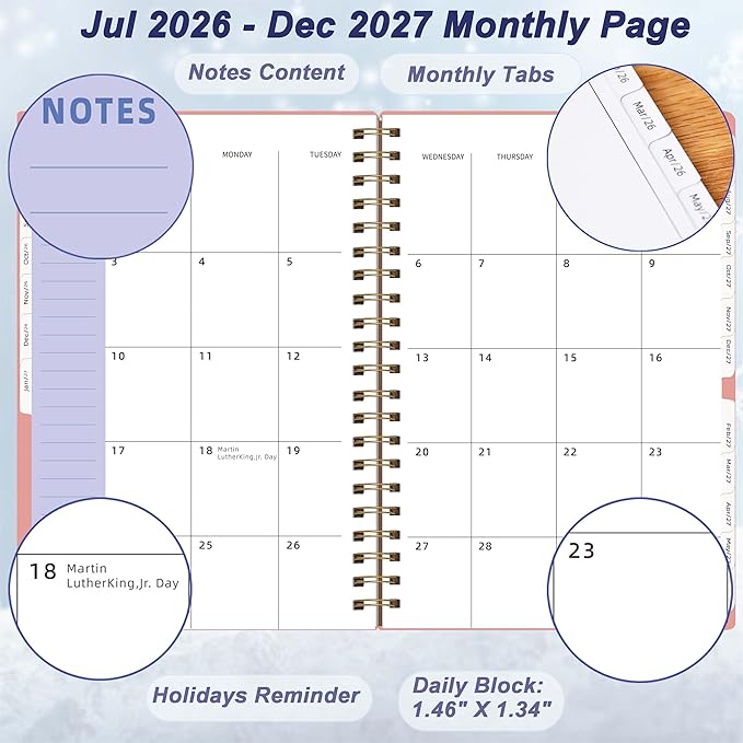 2026-2027 Daily Planner, Weekly and Monthly Planner 2026, from Jul 2026-Dec 2027, 18 Month Agenda Book Planner with Tabs, A5 Size, Pink