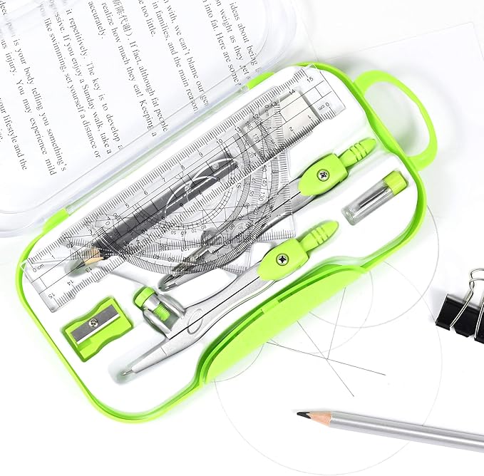 Unjoo Math Geometry Kit Sets 10 Piece Student Supplies with Shatterproof Storage Box,Includes Rulers,Protractor,Compass,Eraser,Pencil Sharpener,Lead Refills,Pencil,for Drafting and Drawings（Green）