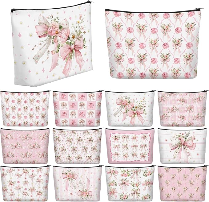 Reginary 12 Pcs Pink Bow Floral Makeup Bags Coquette Bow Cosmetic Bags with Zippers Coquette Party Favors Pink Aesthetic Elegant Pouch Bulk Gifts for Women Stuff Birthday Supplies Travel Accessory