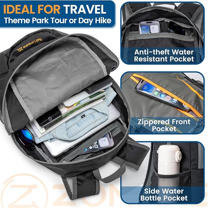 ZOMAKE Lightweight Packable Backpack 25L, Foldable Hiking Daypack | Water Resistant Small Folding Backpacks for Travel, Everyday Carry, Multi-Pocket Layout, Breathable Shoulder Strap