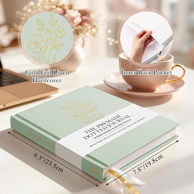 Everloria Premade Dotted Journal, 12 Months Pre-made Templates Bullet Notebook, 260 Hand-Drawn Coloring Pages, Undated Weekly & Monthly Planner, 7.8"x9.3" Linen Dot Grid Habit Mood Tracker, Sage Green